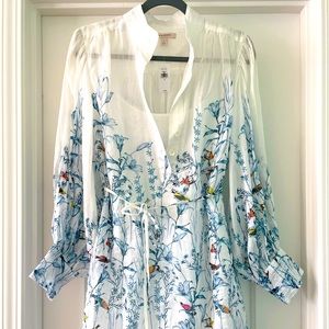 Banana Republic ramie balloon sleeve white floral with birds tunic top, small